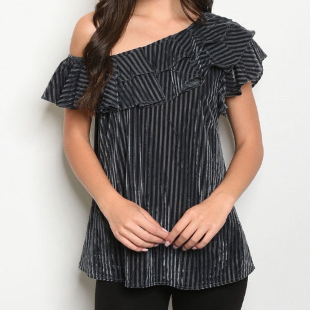Entro Grey Velvet Striped One Shoulder Ruffle Top